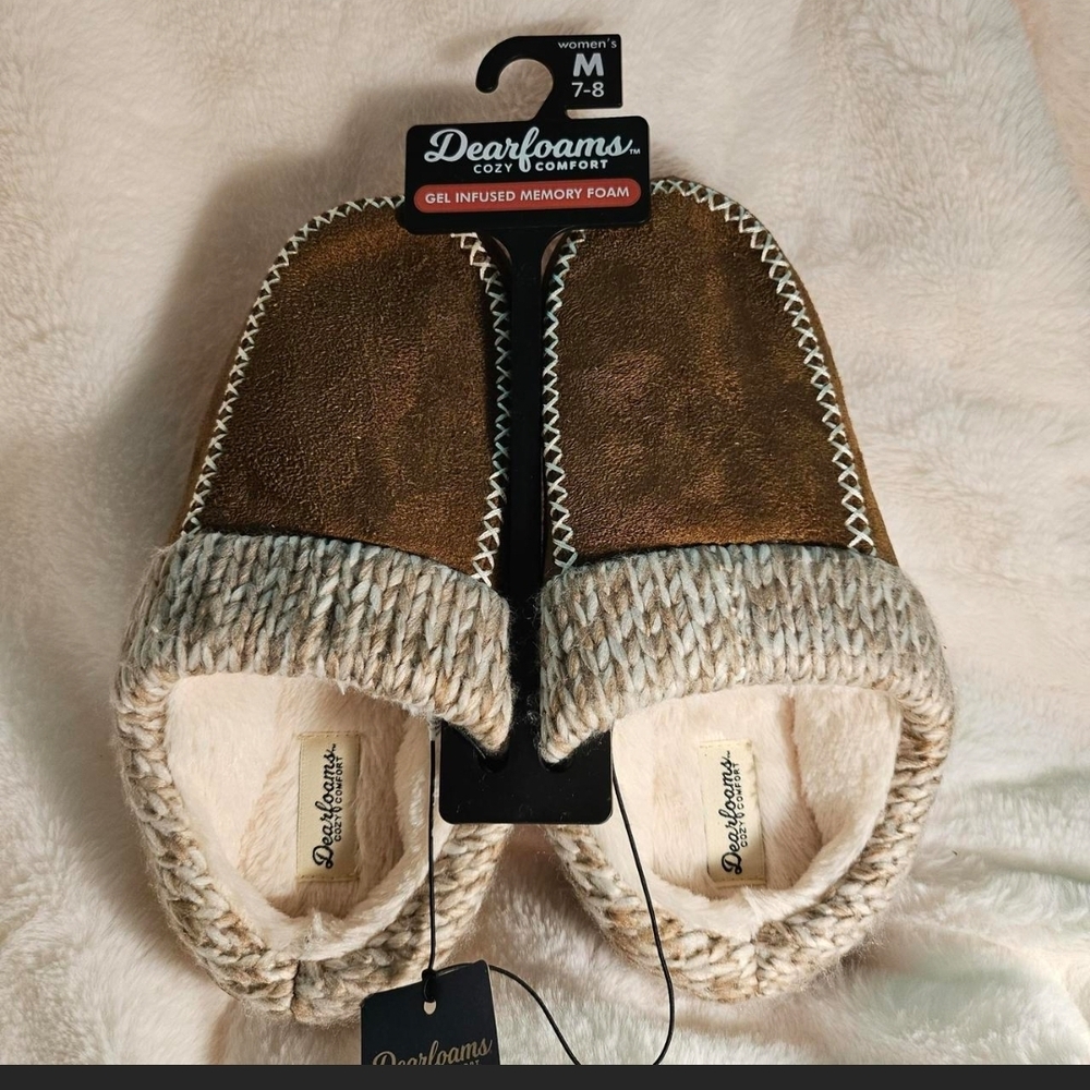 dearfoams Brown and Cream Plush-Lined Slip-On Slippers